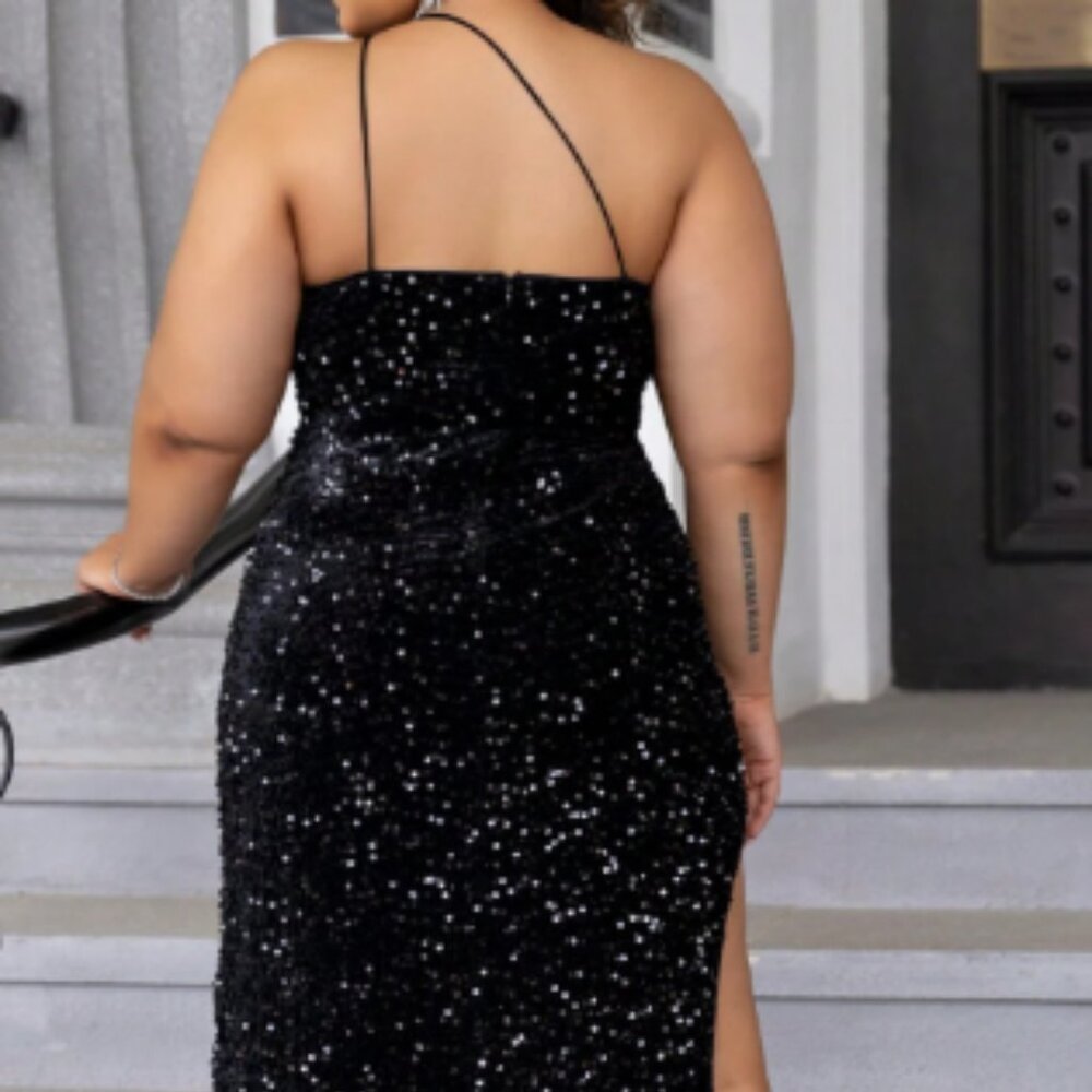 Plus Size One Shoulder Split Thigh Sequin Formal … - image 2